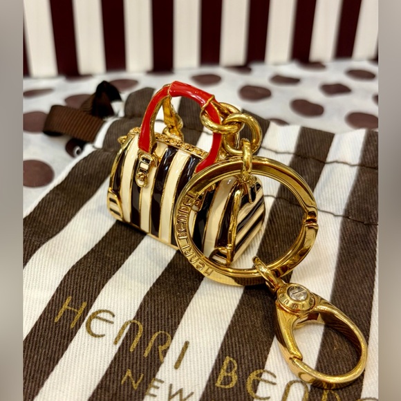 henri bendel Accessories - NWOT HENRI BENDEL Gold & Brown Stripe Mini Bag Keychain with Red Handle